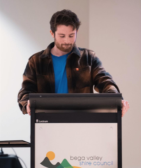 Jack Gray presenting a speech at the Civic Centre in Bega during the Costa Circularity Forum. 