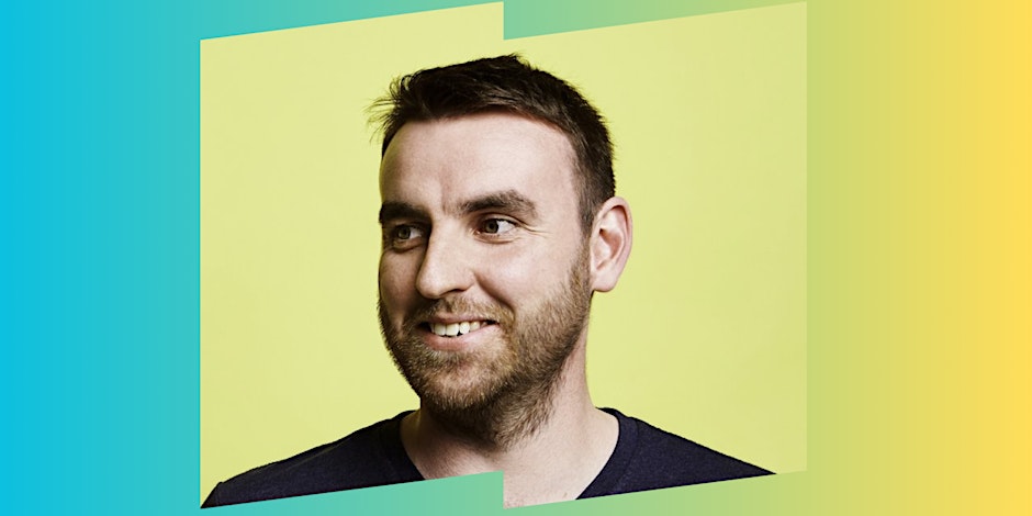 Man's headshot on a blue and yellow background