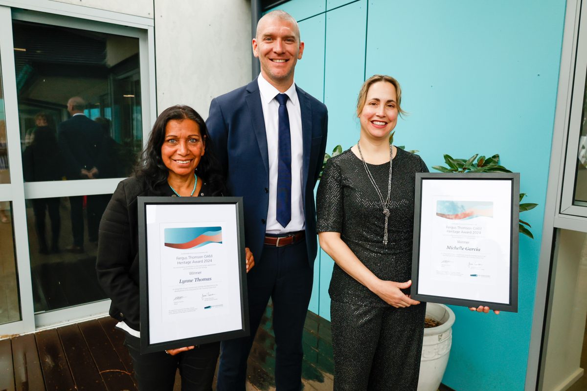 Lynne Thomas, Eurobodalla Mayor Mathew Hatcher and Michelle Garcia at the Fergus Thomson OAM Heritage Award presentation.