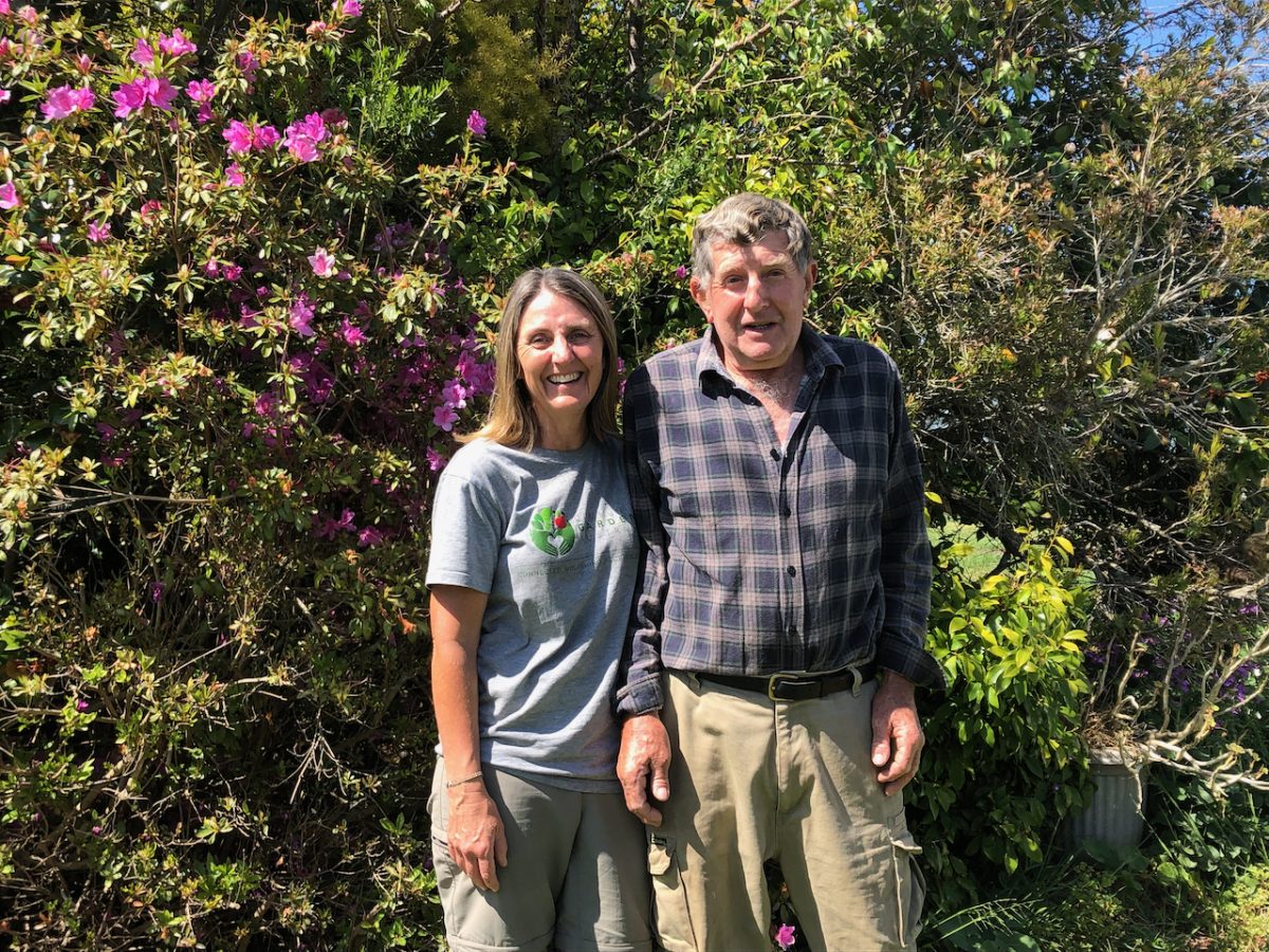 Eurobodalla Koala Project project administrator Sharlene Cohen with Ken Collett, one of the Bodalla farmers participating in the project. 