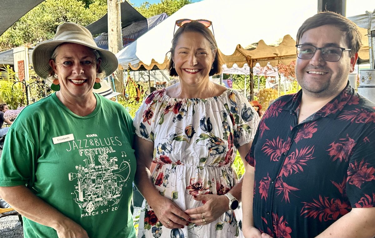 Federal Member for Gilmore Fiona Phillips, pictured with Elizabeth Burnett and Cr Stuart Larkins at Burnett’s on Barney during this year’s Kiama Jazz and Blues Festival.