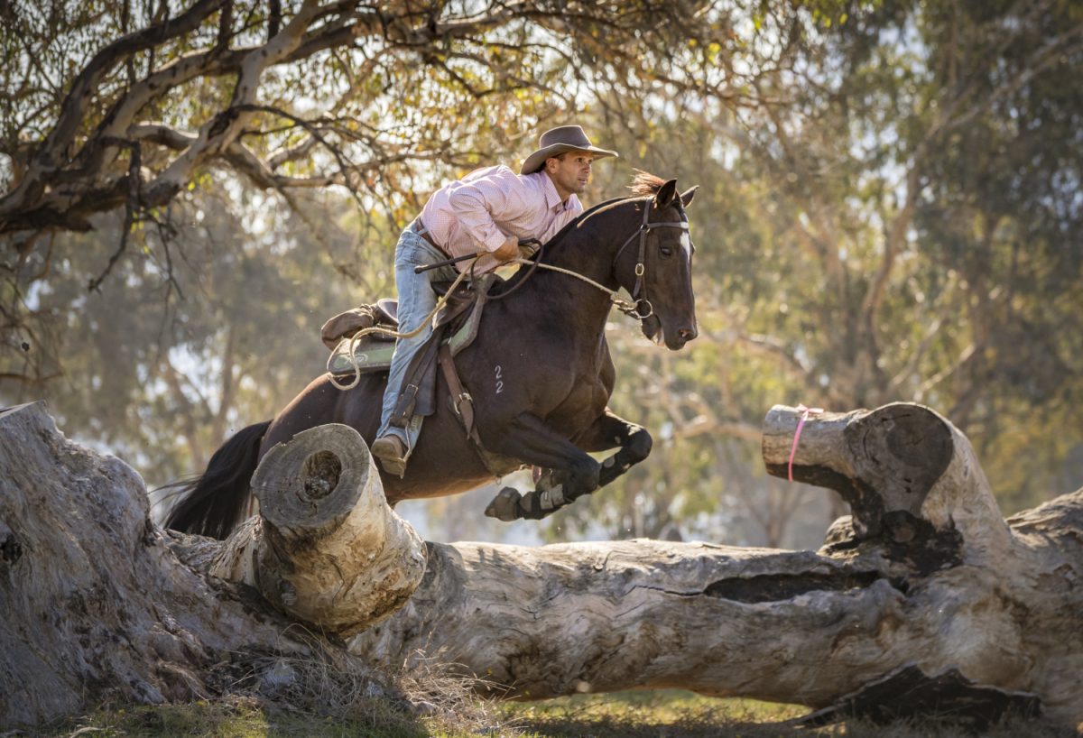 man and horse hurdling a fallen tree trunk 