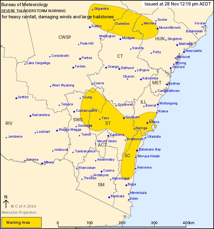 A map showing where severe thunderstorms are expected