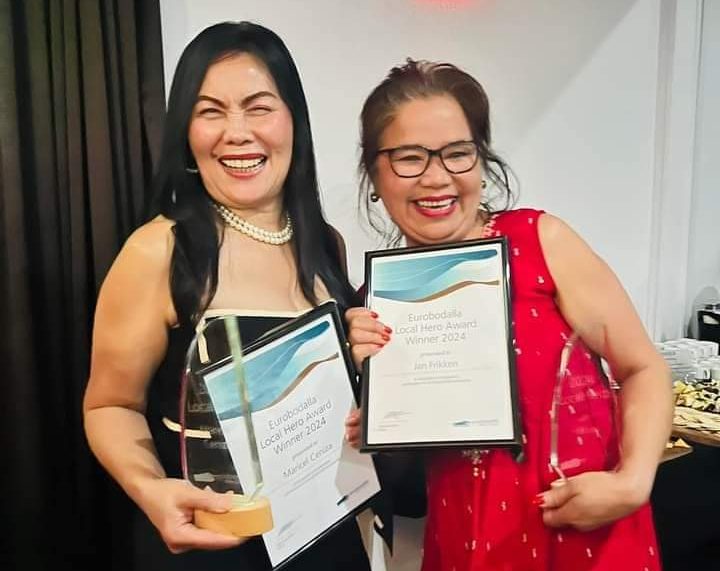 Maricel Ceniza and Jan Frikken with their Eurobodalla Local Hero Awards. 