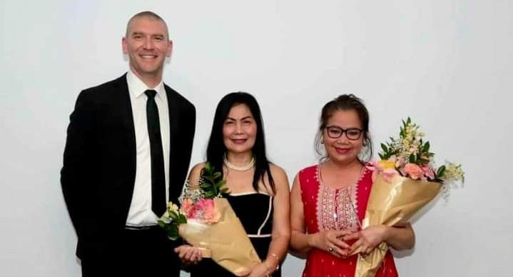 Eurobodalla Mayor Mathew Hatcher presenting the 2024 Local Hero Award to Maricel Ceniza and Jan Frikken at the Mayor's Charity Ball on 1 November.