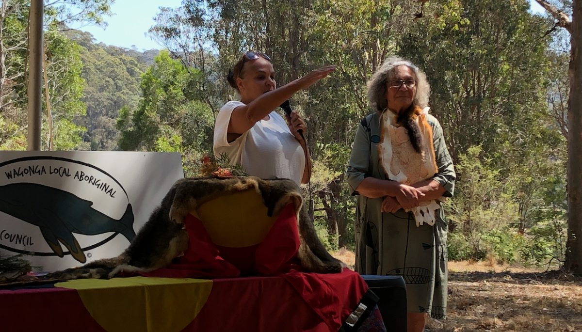 Wagonga Local Aboriginal Land Council chair Julianne Mason and Aunty Vivienne Mason speaking at the repatriation ceremony of an ancestor on 23 November. 