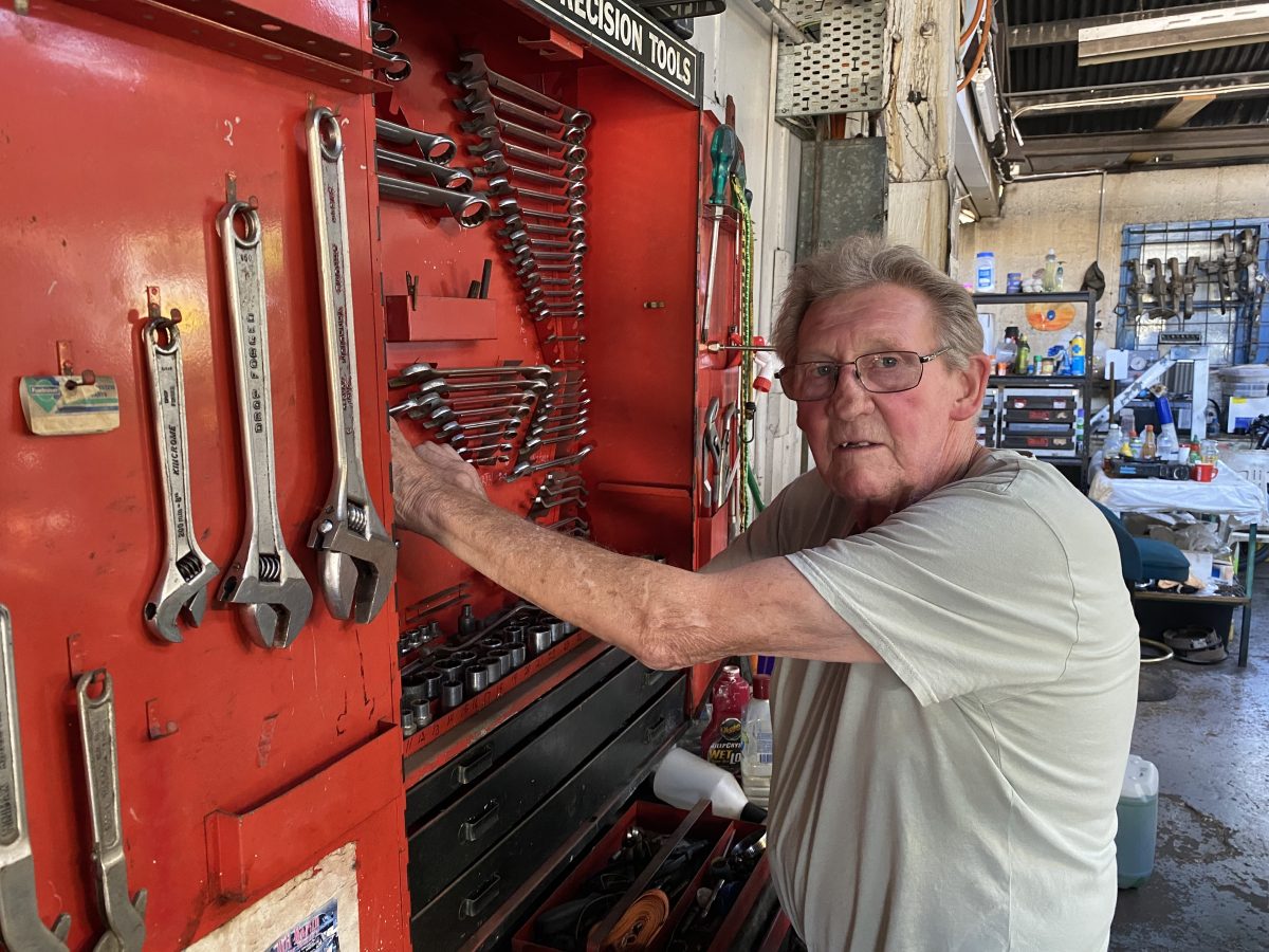 Goulburn’s caring motoring community raised enough money in 1986 to buy Bill Martin this toolbox, which he has used every day since a fierce fire almost took his life, along with his wife, Elaine's. The fundraising also amounted to enough to buy him a new mechanic’s hoist.