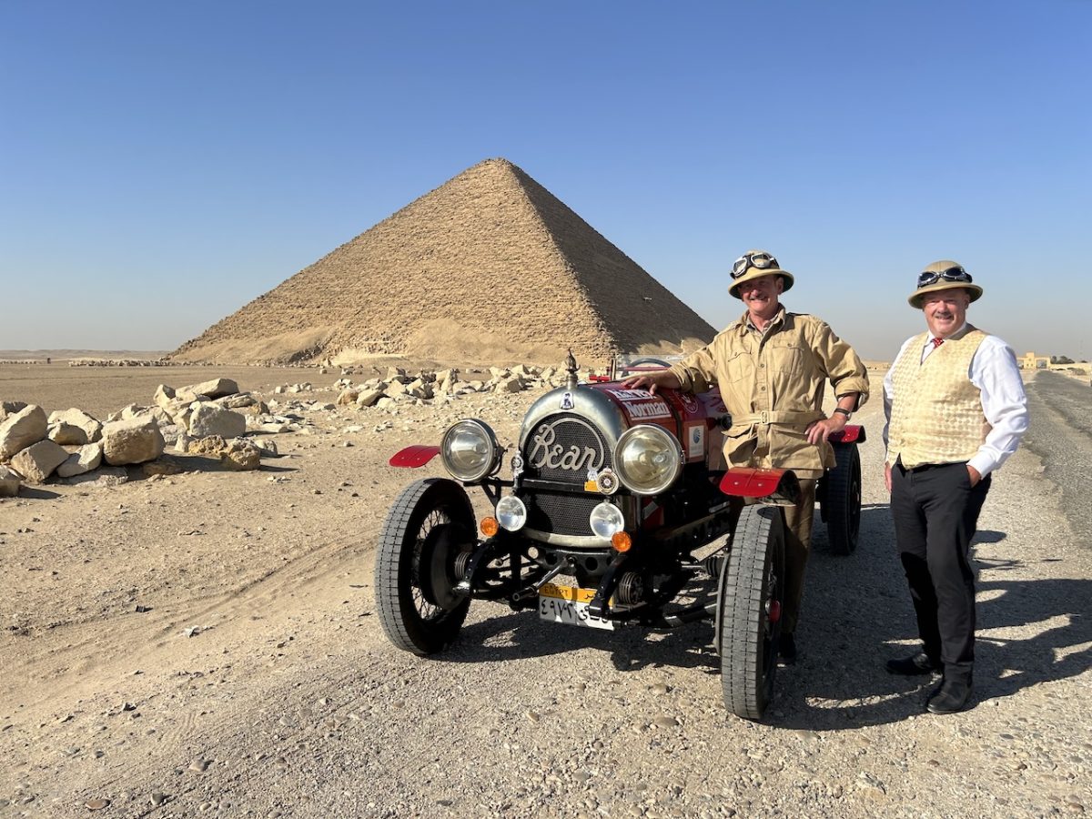 Australian author, cartoonist and adventurer Warren Brown and Matthew Benns near a red pyramid, the third biggest in Egypt