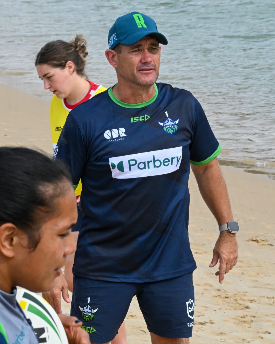 Canberra Raiders NRLW head coach Darrin Borthwick, who also manages the female pathways program, at the training session at Narooma's Bar Beach on Saturday 25 January. 