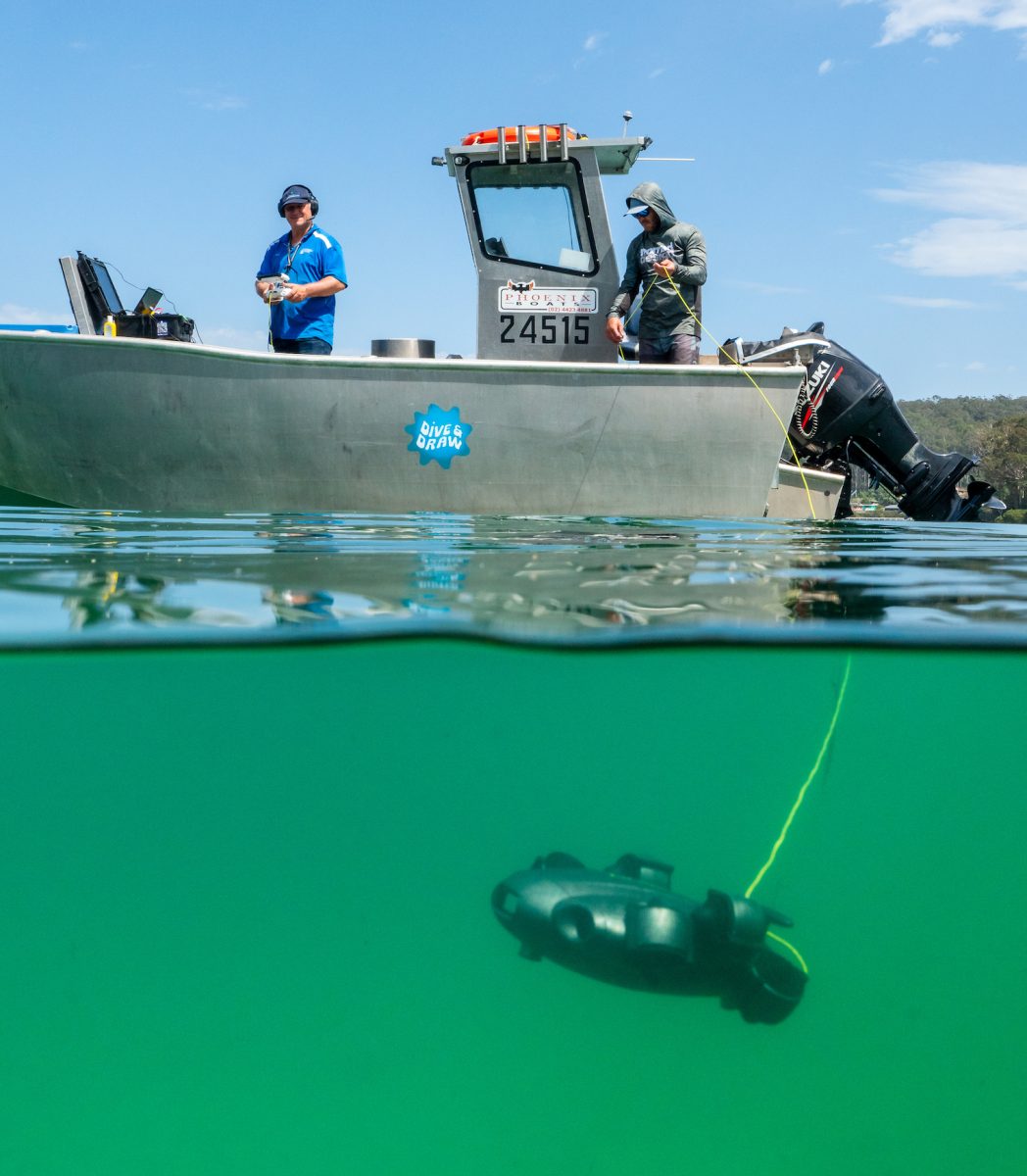 The Dive & Draw drone with pilot David Rowland in Wagonga Inlet.