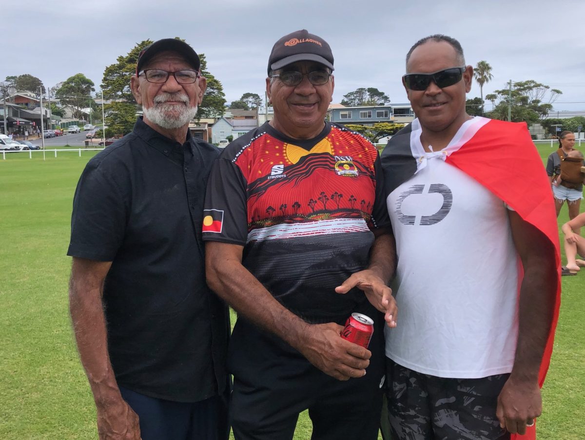 Alec Harrison from Malua Bay, Kevin Dixon from Bega, and Les (Trig) from Wallaga Lake at Bermagui's Survival Day. 