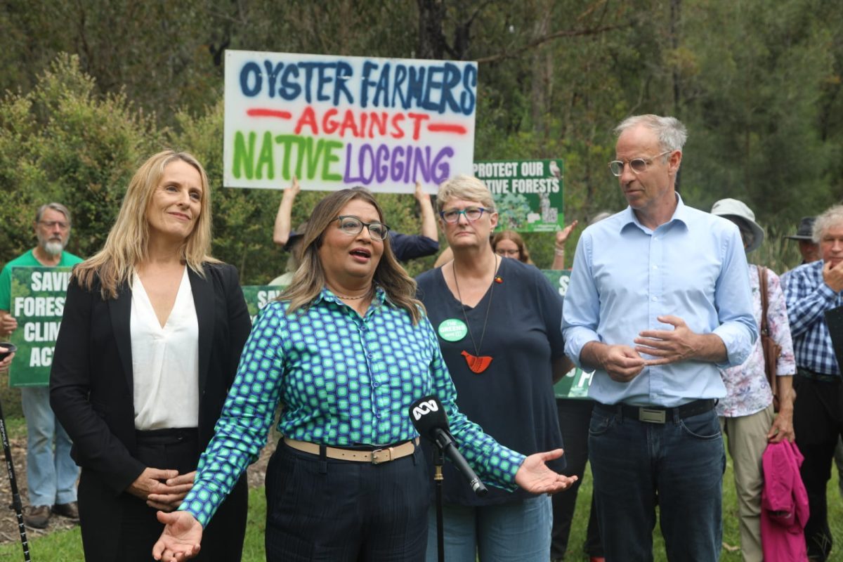 Three people standing in front of a group holding signs