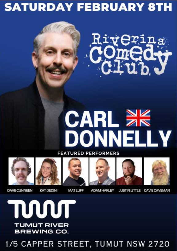 banner for the riverina comedy club event in tumut 