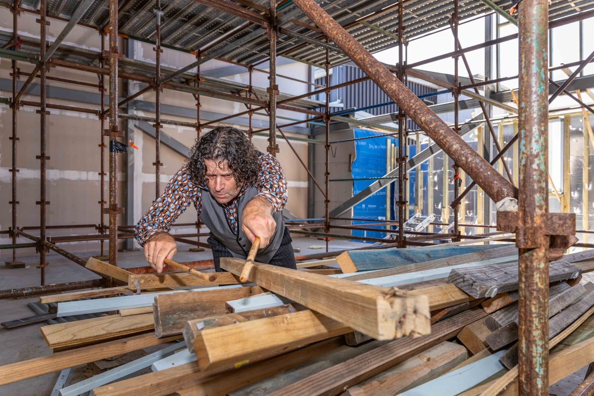 In early February 2025, percussionist David Hewitt turned the new Headland Theatre construction site into a performance play-space.