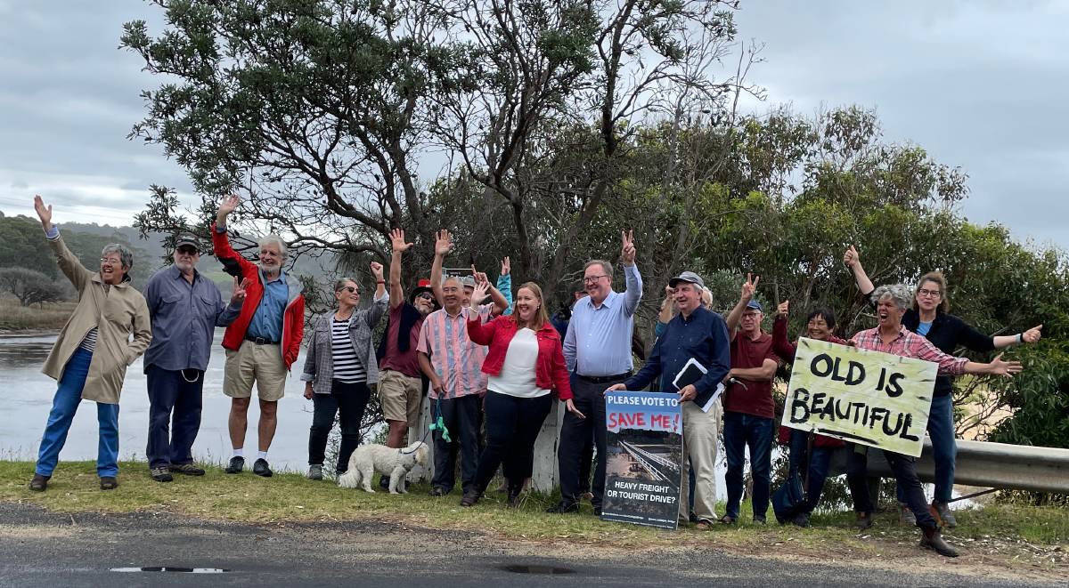 NSW Minister for Regional Transport and Roads Jenny Aitchison and Member for Bega Dr Michael Holland with supporters of saving Cuttagee Bridge. 