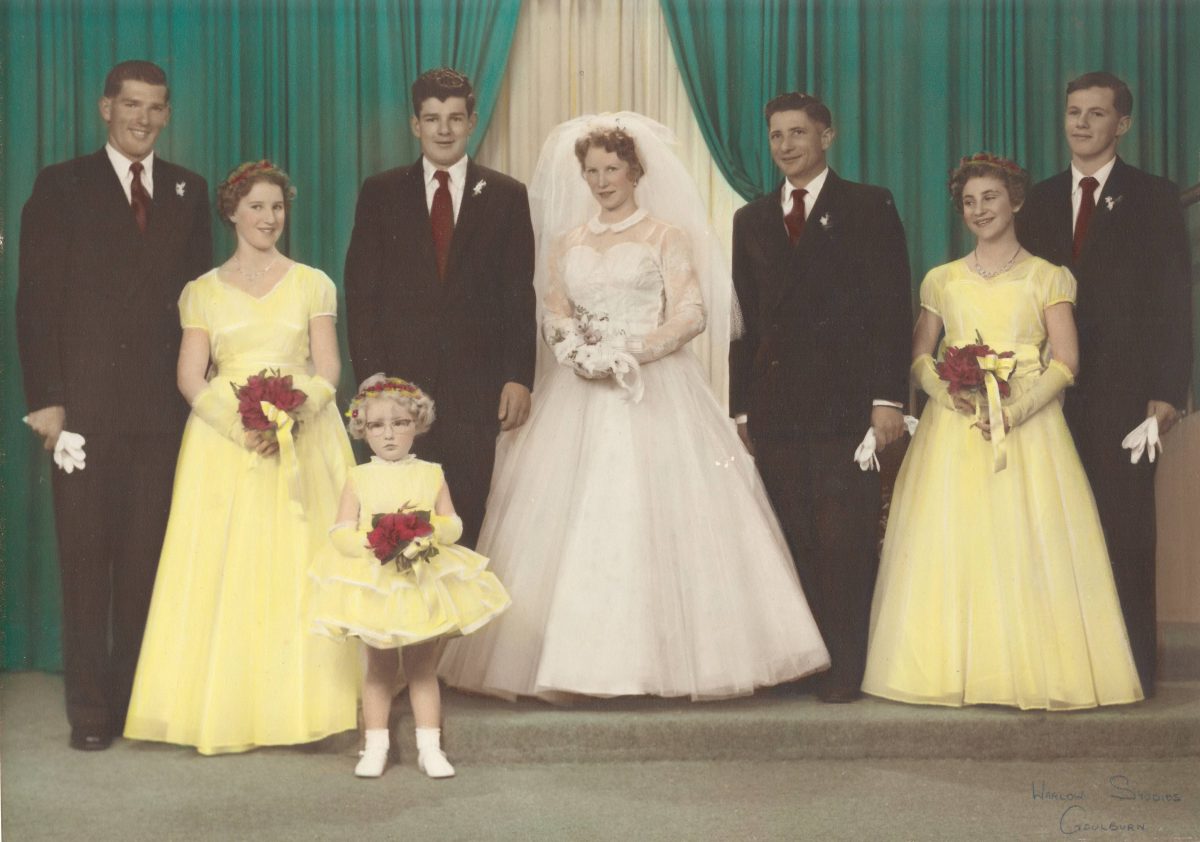 Kevin McClelland on his wedding day, 3 October 1959, with his bride Barbara and their attendants, including best friend Robert Hearne on the right. 