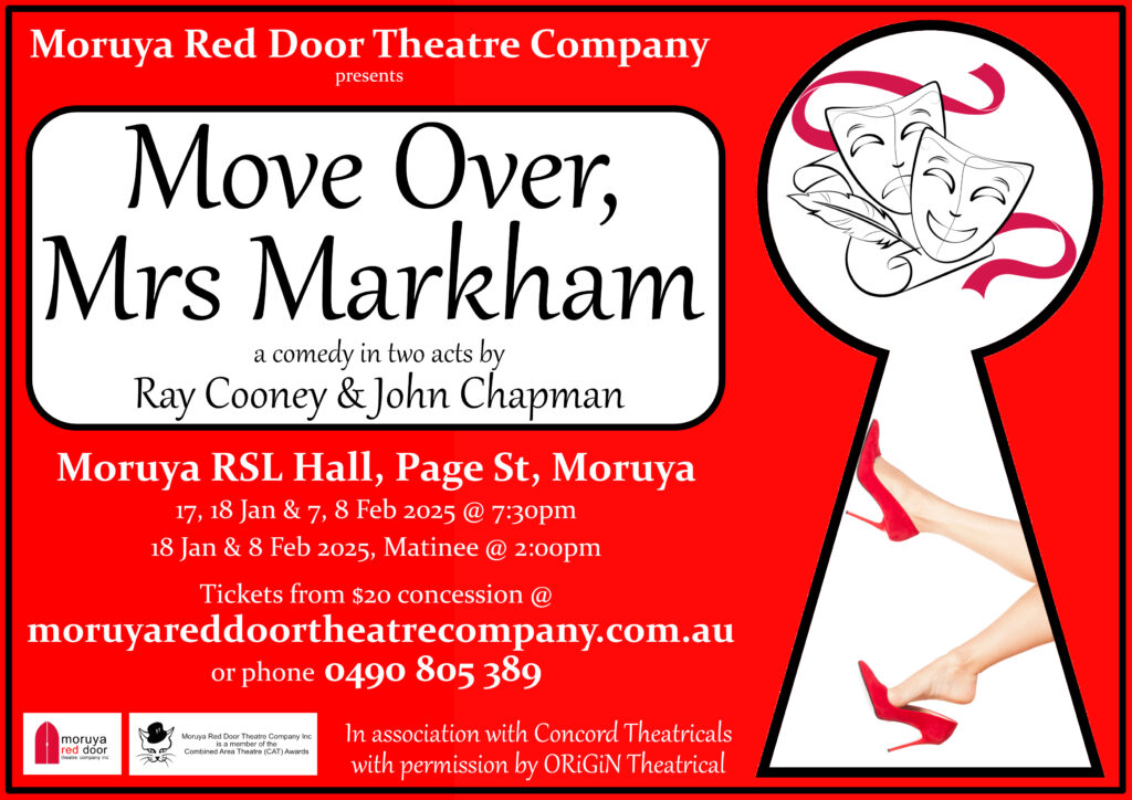 banner for the move over mrs markham peformance by the red door theatre