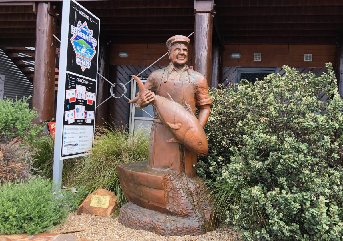 The statue of Camillo (Poppy) Puglisi in recognition of the Puglisi family's service to the fishing industry and commitment to the Bermagui Fishermen's Co-operative since 1960.