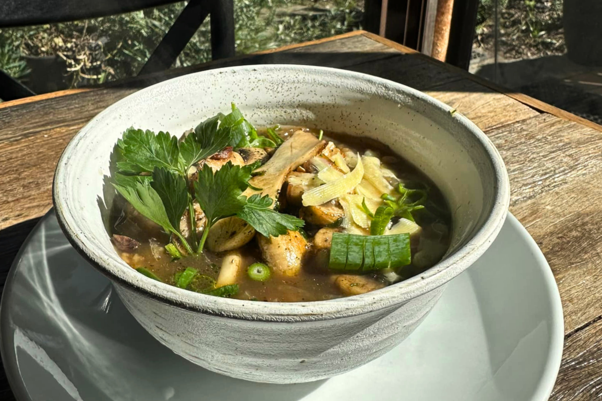 A bowl of soup in front of a window.