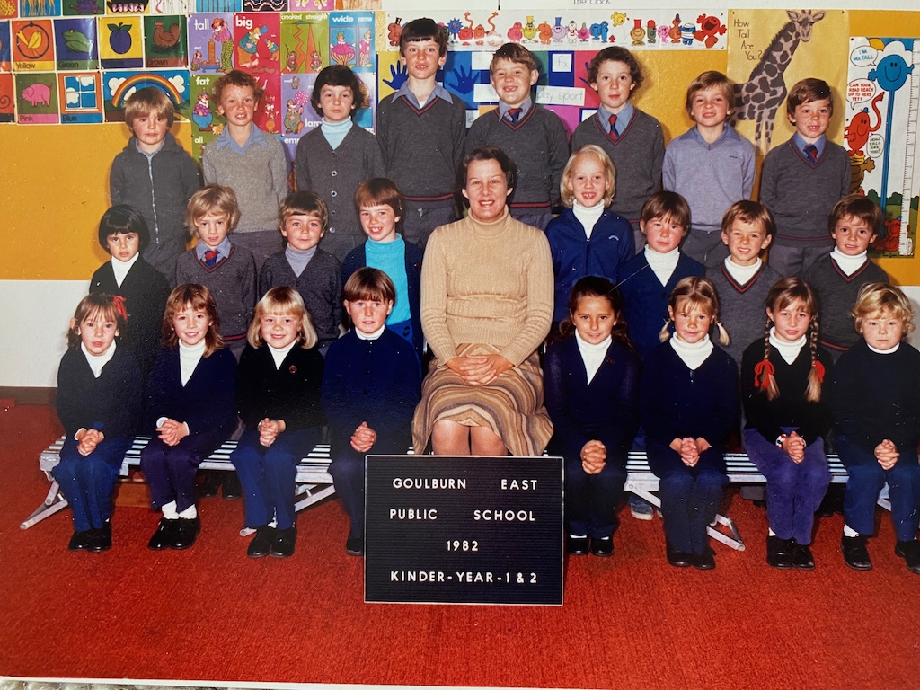 Verna Taylor with Goulburn East Kindergarten and Years One and Two in 1982. The composite class had 24 children, a handful for a single teacher. 