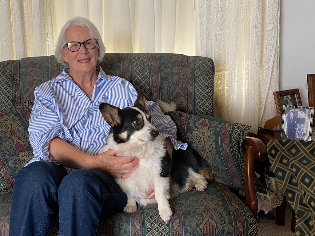 At home with one of her corgis, Scout, Verna Taylor recounts extraordinary events leading up to her arrival into the world.