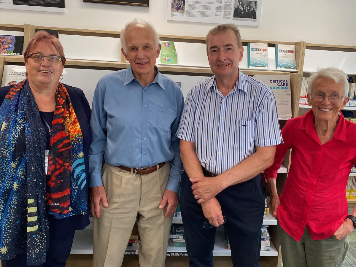 Jennie Gordon, Tom Lyttle, Richard Woods and Jennifer Lamb in the R. G. Woods Library, where they recounted the long-serving doctor’s contributions to medicine and Goulburn.