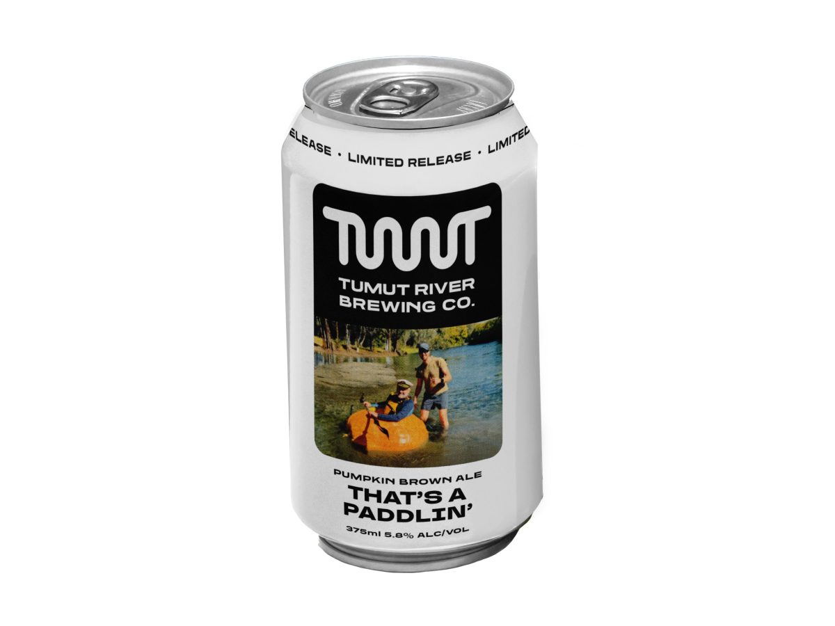 A can of beer against a white background with the Tumut River Brewing Co logo, a photo of a man in a floating pumpkin with another man standing beside in shallow water and the words "That's A Paddlin".