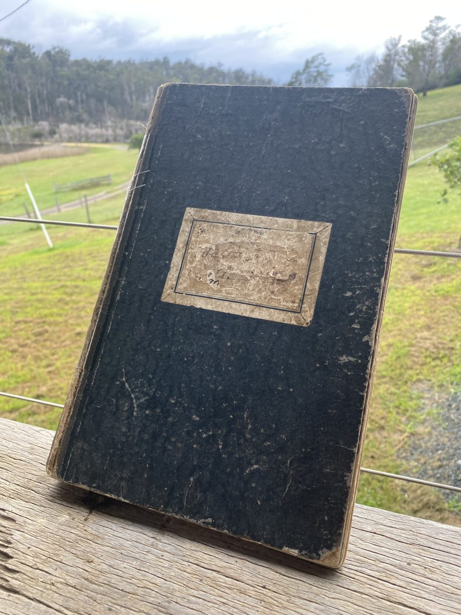 An old guest book propped upright