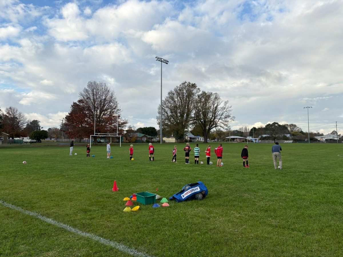 Kids and their coaches playing soccer on a grassy field