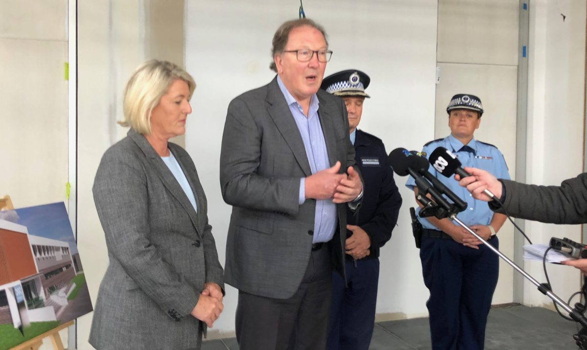 NSW Minister for Police and Counter-terrorism Yasmin Catley and Member for Bega Dr Michael Holland speaking at the press conference at the construction site of the Bega Police Station.