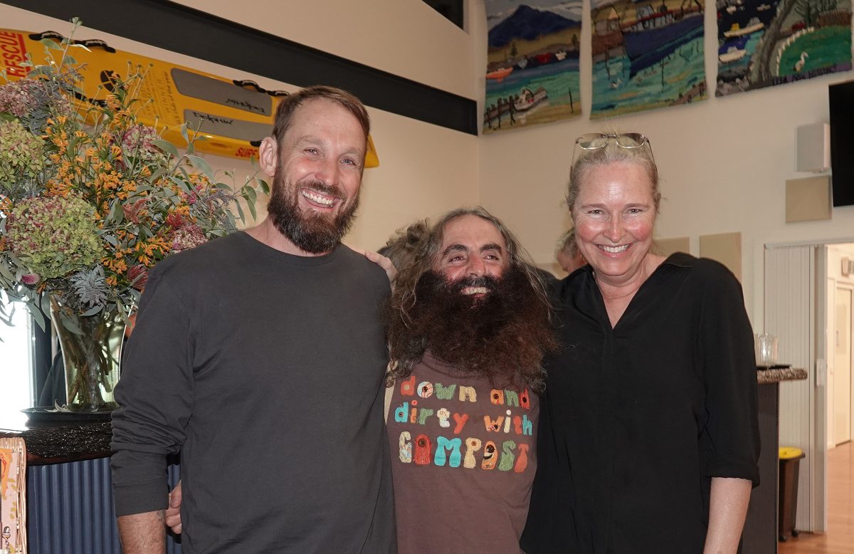 Paul West, Costa Georgiadis and Bermagui Preschool director and teacher Narelle Myers at the Moodji Futures Dinner on 9 May.