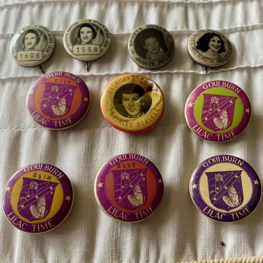 Some of the badges made on behalf of Lilac City Festival queens in Goulburn.