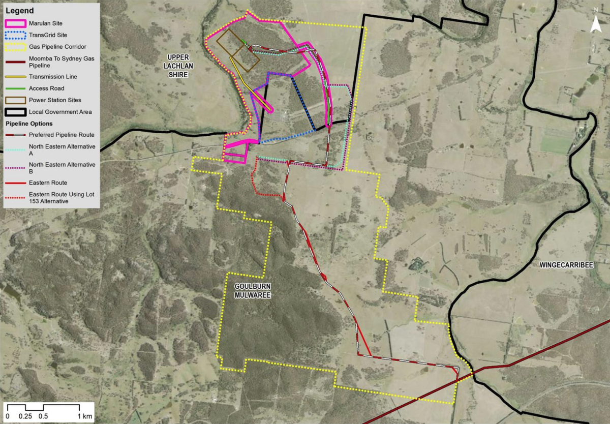 overhead map of gas-fired power station site at Marulan