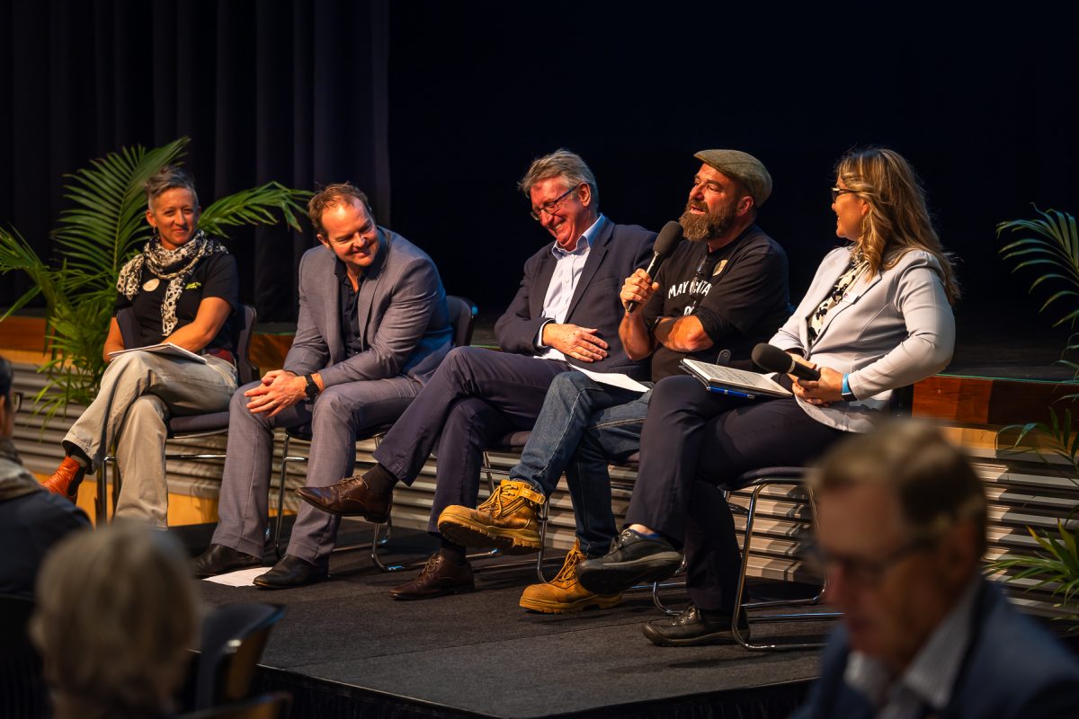 Panellists at the Bega Circular Valley Community Workshop: Vanessa Spinelli, chief operating officer at Grow the Future; Anthony McMahon, CEO of Bega Valley Shire Council; Barry Irvin, chair of the Regional Circularity Co-operative; Gavin Hughes, co-owner and head distiller at North of Eden Distillery; and Liz Dixon, deputy director NSW Department of Primary Industries & Regional Development.