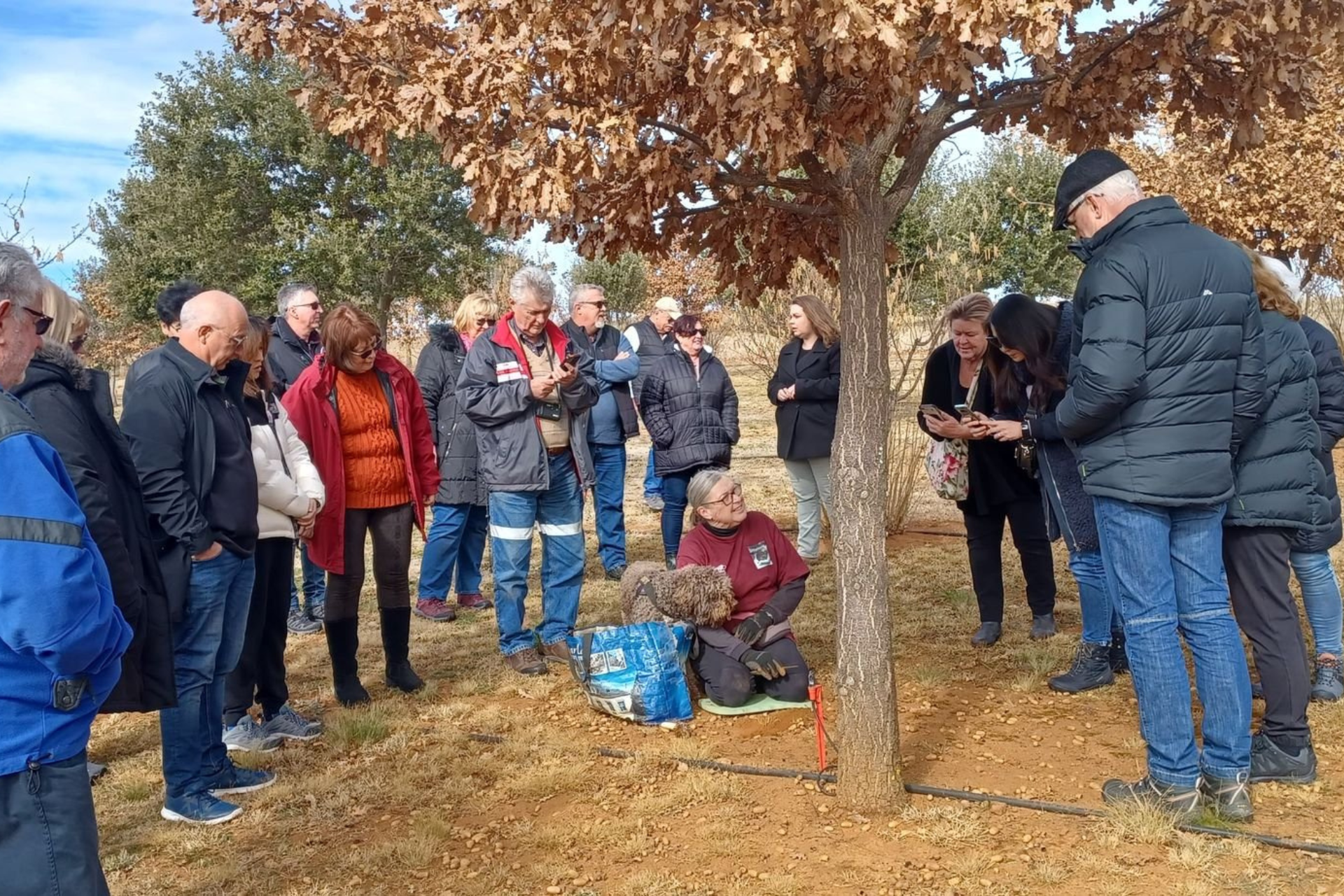 Woman digging truffles in front of group of people.