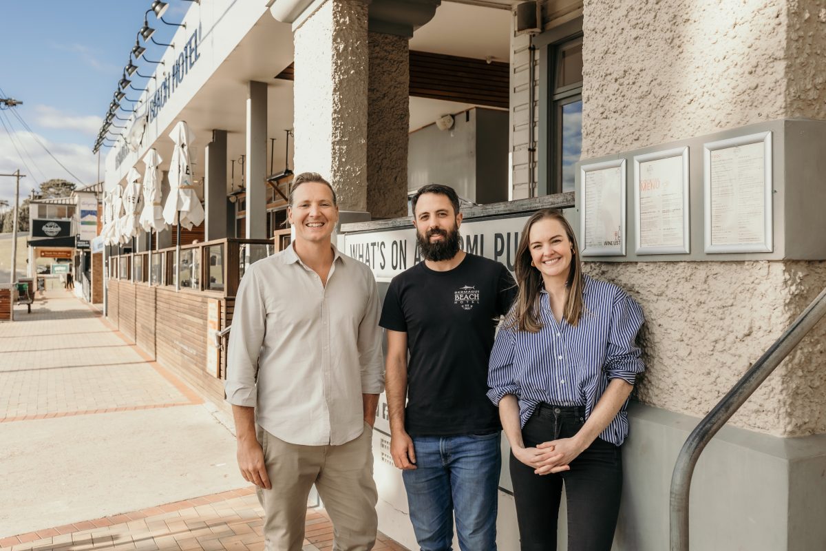 Soon to be the new owner of Bermagui Beach Hotel, Epochal Hotels CEO Glenn Piper, with current owners Yannis Gantner and Claire Wheaton.