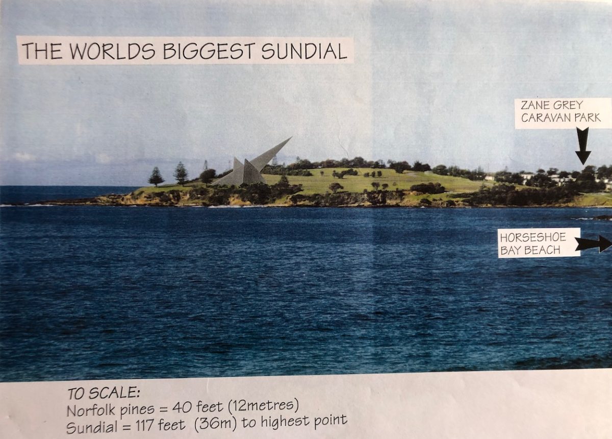 A scale model showing the sundial superimposed on the headland.