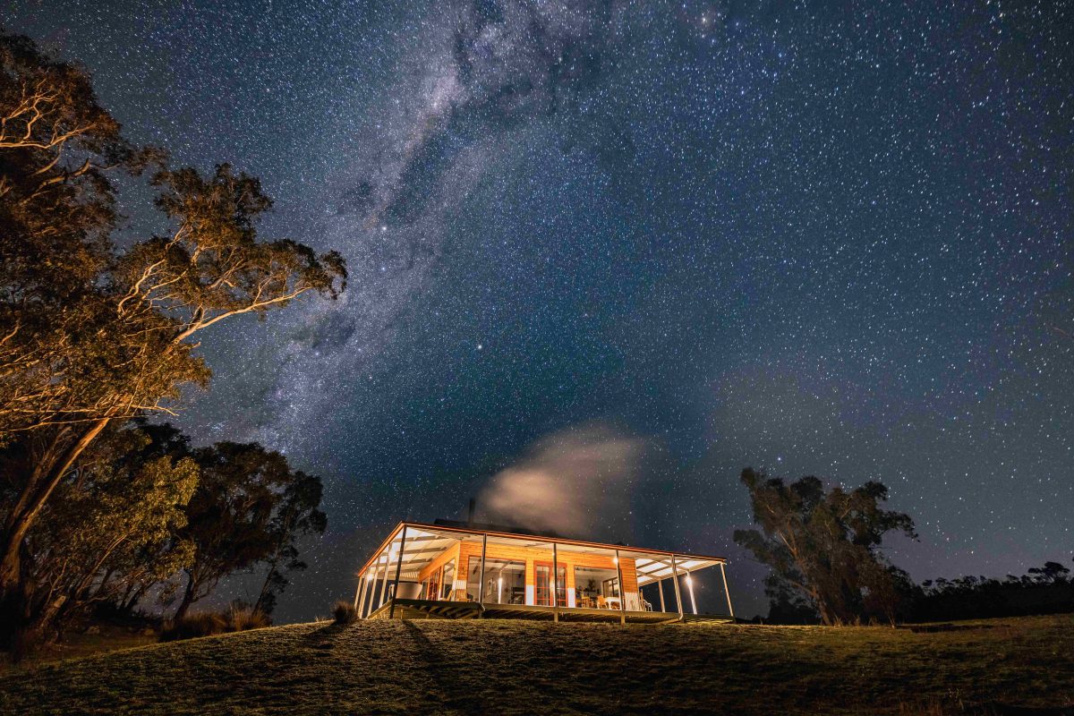 Kestrel Nest Eco Hut at night. The milky way overhead.