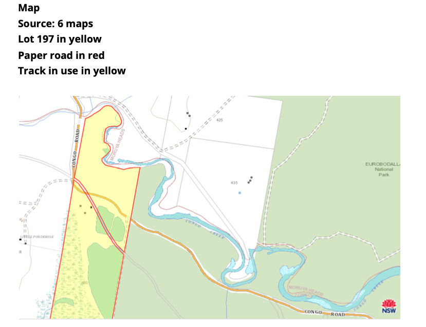 A map showing the track in use on private property and the paper road that was transferred from Crown lands to Eurobodalla Shire Council in May 2023.