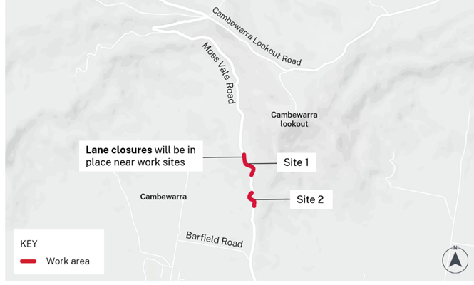 A map showing the locations of Cambewarra Mountain repair works in red