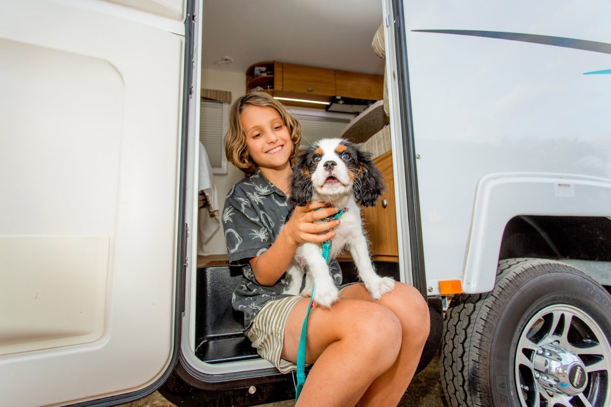 A dog and a boy sitting on a caravan's stoop