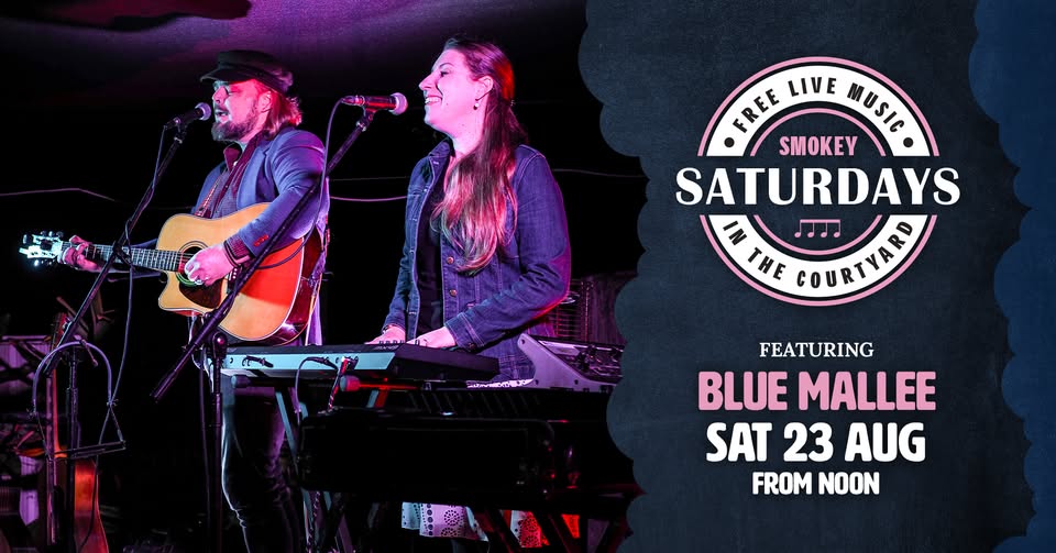 two musicians playing and singing, and a live-music promo poster 