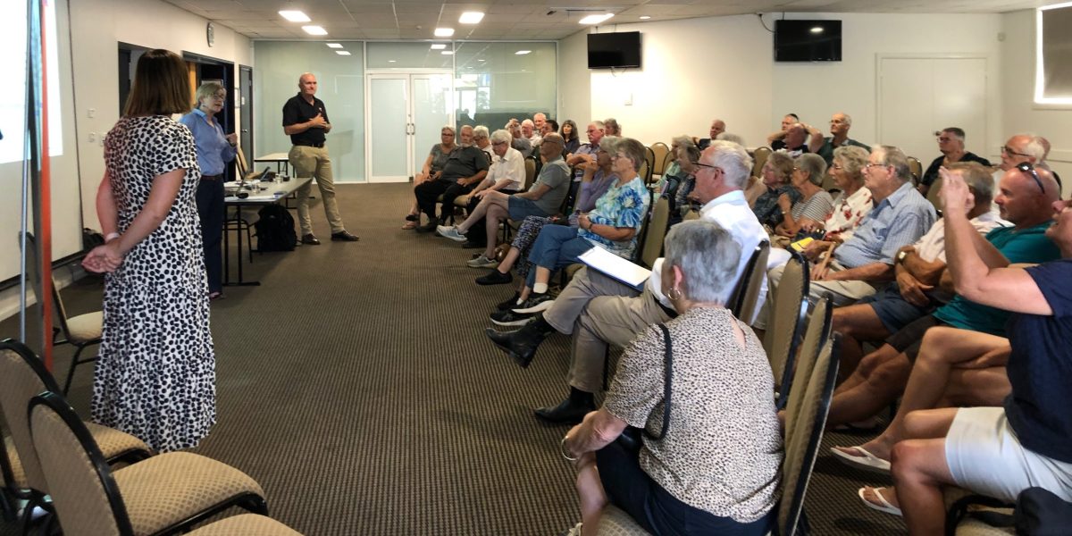 Federal Member for Eden-Monaro Kristy McBain and Telstra representatives Christina Cawkell and Chris Taylor at a community forum in Narooma in February 2025.