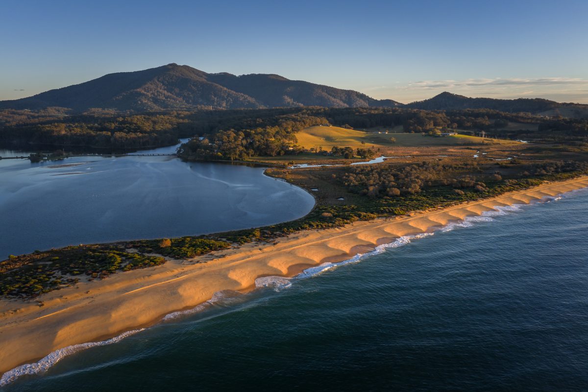 Aerial photograph of beach cusps along Wallaga Beach at sunrise