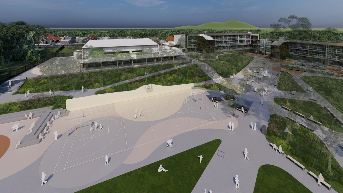 Artist's aerial impression of a planned high school
