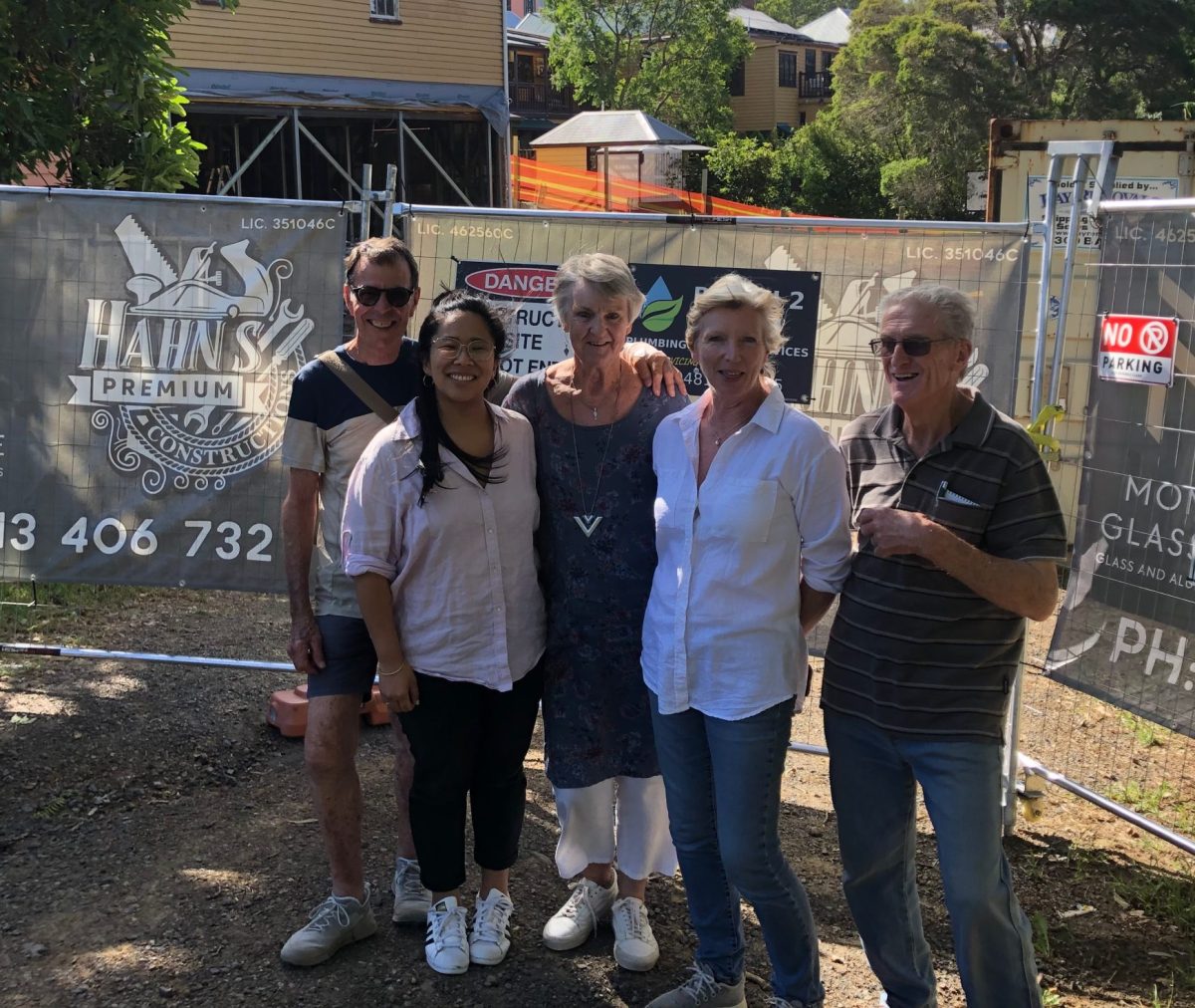 Member of the Tilba halls project steering committee Stuart Absalom (SHASA) with project manager/architect Stephanie Chiu (SHASA), and steering committee members Janine Halasz (CTSOAT), Sally Pryor (CTSOAT) and Tony Lowe (SHASA) at the rear of the halls.