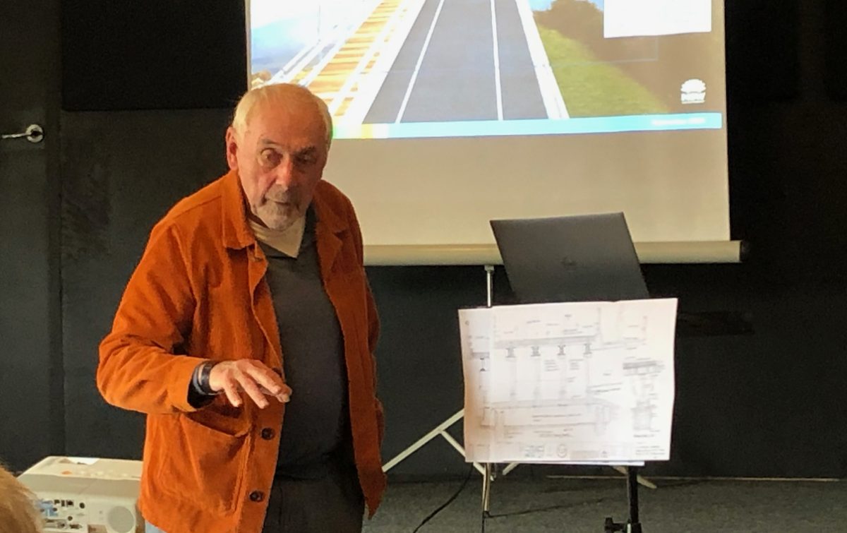 Retired engineer Ken Murtagh with some of the plans he has drawn to fix the bridge instead of replacing it.
