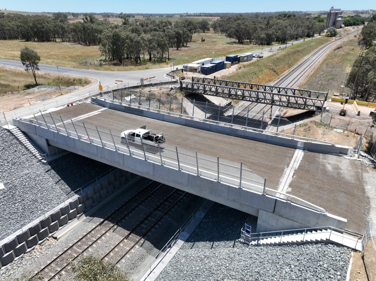The new rail overpass bridge at Wallendbeen will open to traffic next week.
