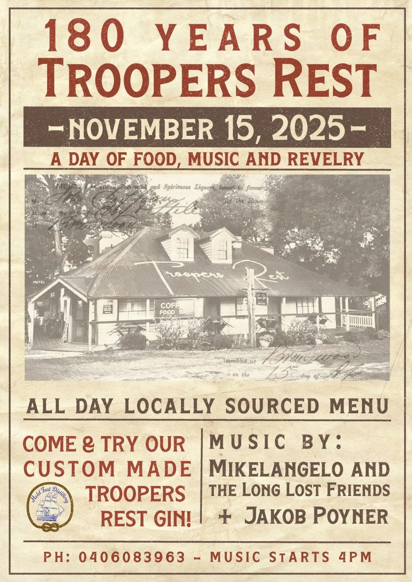 Poster of events for 180 years of Trooper's Rest, in a vintage style.
