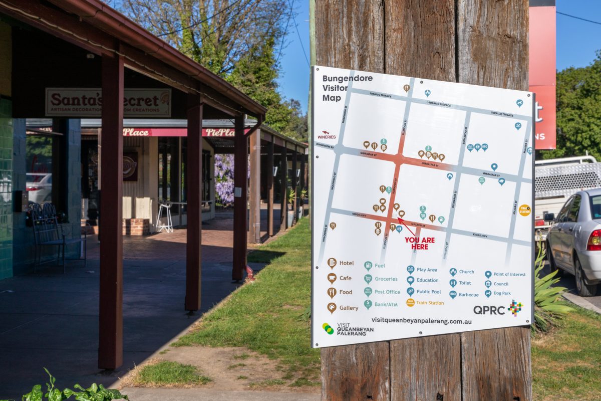 A sign showing a map of Bungendore with some locations labelled